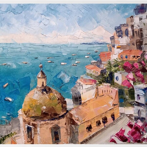 Peinture côtière italienne Peinture originale Oeuvre d'art à l'huile Art de la côte amalfitaine Paysage marin Peinture de Positano Grande peinture Art au couteau