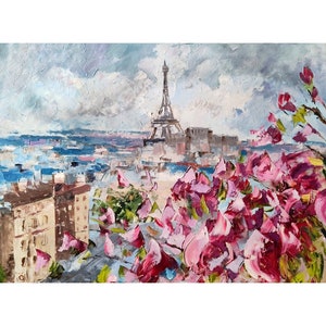 Eiffel Tower Oil Painting: Impasto Paris Art with Magnolia Blossoms