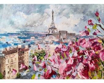 Peinture de la tour Eiffel, peinture originale, art à l'huile empâtement, peinture de Paris, art de Paris, art de la fleur de magnolia, art original, art de la tour Eiffel
