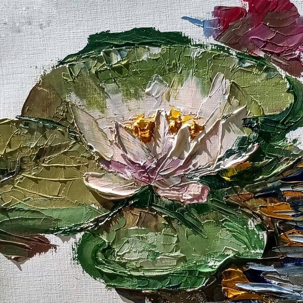 Water lilies painting Original artwork Floral art Impasto art Flower painting Palette knife artwork by Julia Grechkina