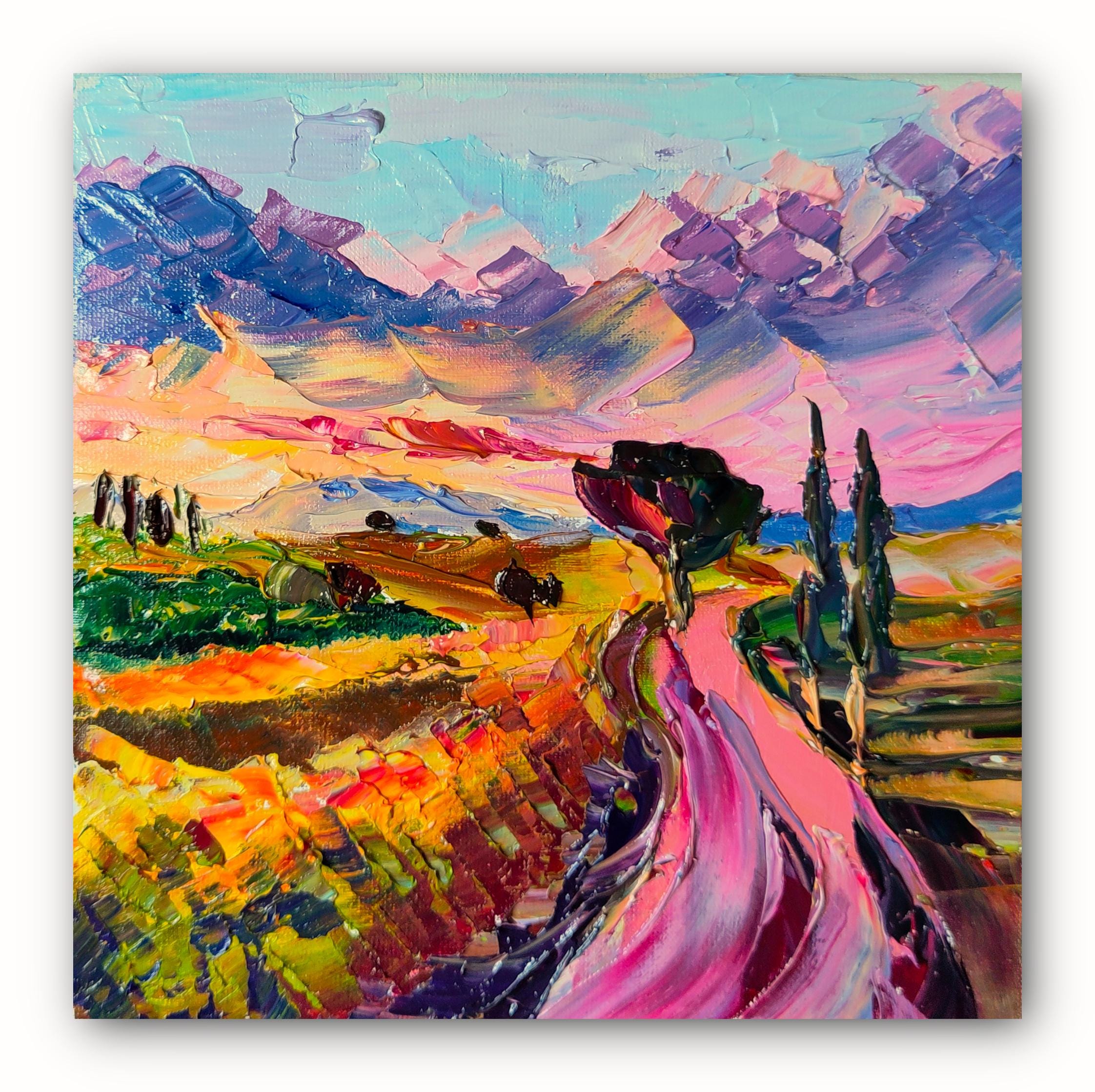 トスカーナの油絵：オリジナルのインパストアート、イタリアの風景