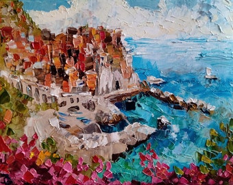 Manarola art Italy coastal painting Original painting Oil art Coastal artwork Seascape Liguria painting Italy art Large painting