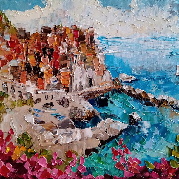 Art de Manarola, peinture côtière de l'Italie, peinture originale, art à l'huile, oeuvre d'art côtière, paysage marin de la Ligurie, peinture de l'Italie, grande peinture