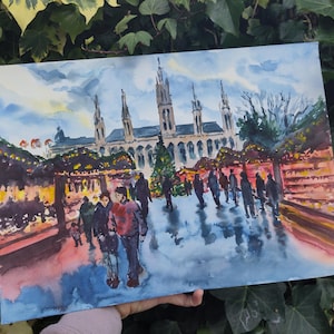Christmas Market Watercolor Art Print: Vienna City Hall Cityscape
