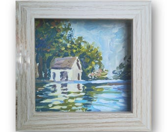 Pintura original de casa en gouache: Arte paisajístico tonalista. Mini obra de arte enmarcada.