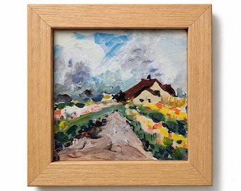Tulip field Gouache painting: Tonalist Landscape Art Framed mini artwork