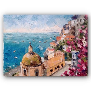 Italy coastal painting Original painting Oil artwork Amalfi coast art Seascape Positano painting Large painting Palette knife art