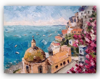 Amalfi Coast Oil Painting: Original Italy Seascape Palette Knife Art