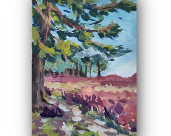 Original Gouache Pine Forest Painting: Handmade Moorland Art
