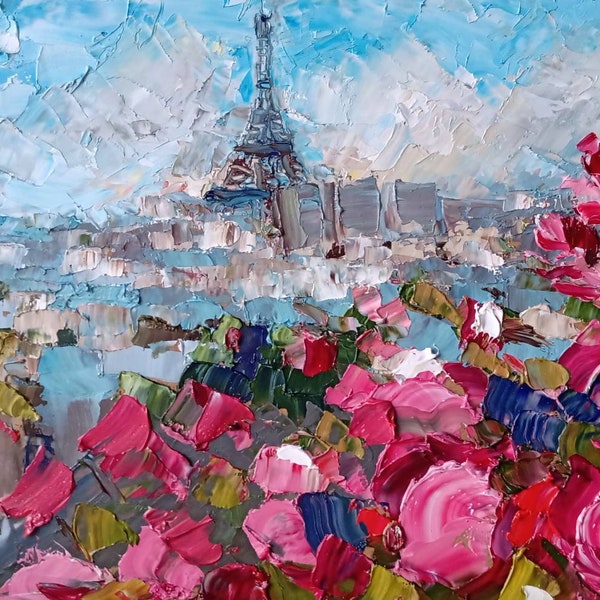 Peinture de la tour Eiffel, peinture originale, peinture de Paris, empâtement de paysage urbain, oeuvre de fleur de magnolia, grande peinture