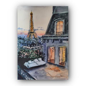 Paris balcony art Watercolor art Original art Eiffel tower art Paris painting Eiffel tower painting Paris rooftop art