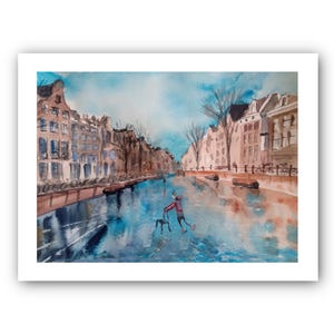 Amsterdam painting Original art PRINT Watercolor artwork Cityscape watercolor art Watercolor painting Skating art Amsterdam winter art