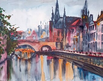 Gents schilderij Originele kunst Aquarelkunstwerk België stadsgezicht Kanaalkunst Gentse kunst