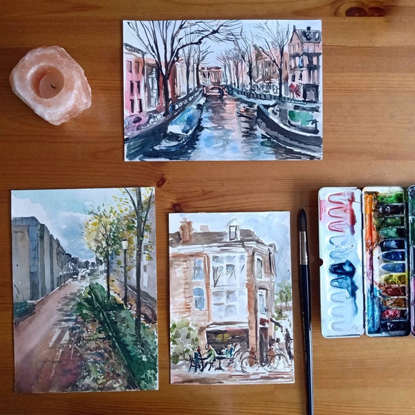 Amsterdam art Set of 3 Original art  Watercolor art Cityscape artwork painting Seascape art Amsterdam painting Set of art