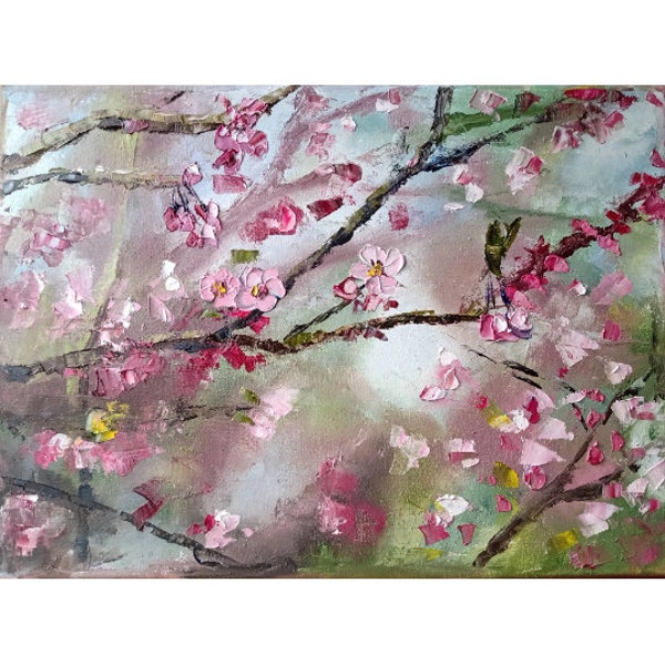 Art de la fleur de cerisier Peinture originale Art à l'huile Oeuvre d'art florale Japon Art de la fleur rose Art Hanami Art empâtement Art impressionniste