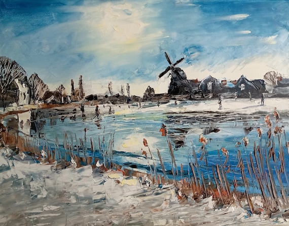 Windmill Painting Village Painting Landscape Wall Art Mill Painting Small Watercolor Painting Original artwork