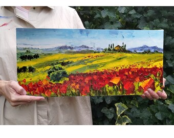 Tuscany landscape poppy fields art Original painting Poppies art Impasto oil art Italy art Impasto oil art Narrow art Original art