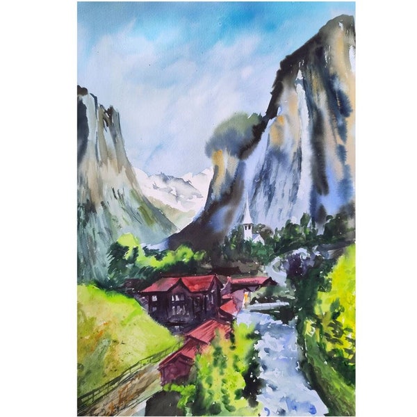 Art de Lauterbrunnen Art original Art de l'aquarelle Oeuvre d'art cascade Paysage typique suisse Art Suisse Lauterbrunnen Chirch