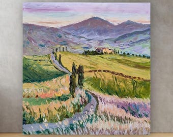 トスカーナの風景油絵 イタリア トスカーナの芸術 厚塗り絵画 田舎の家