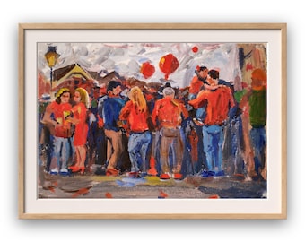 King's Day Orange crowd in Amsterdam Original Gouache art
