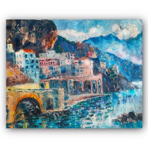 Amalfi coast art Original painting Mediterranean village art Oil art Italy coastal art Italian landscape painting  Italy art