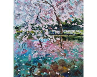 Cherry blossom art Original painting Oil art Floral artwork japan Pink blossom art Hanami art Impasto art Impressionist art