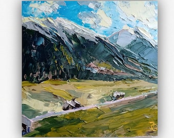 Bergolieverfschilderij van Zwitserland, landschapskunst impasto paletmes