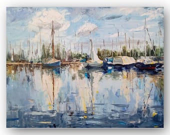 Impasto Sailboats Oil Painting, Palette Knife Art, Original Artwork