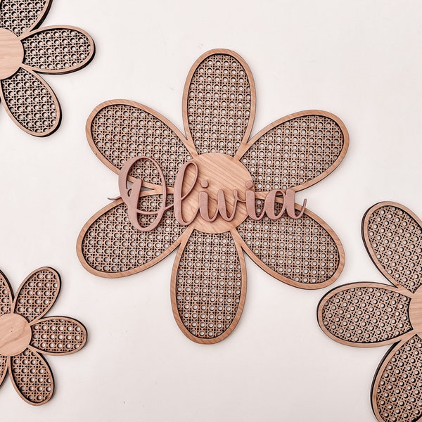 Daisy Wall Decor Personalized Nursery Boho Nursery Decor Retro Girl Bedroom Neutral Nursery Daisy Name Sign Wood Rattan Flower Wall Art