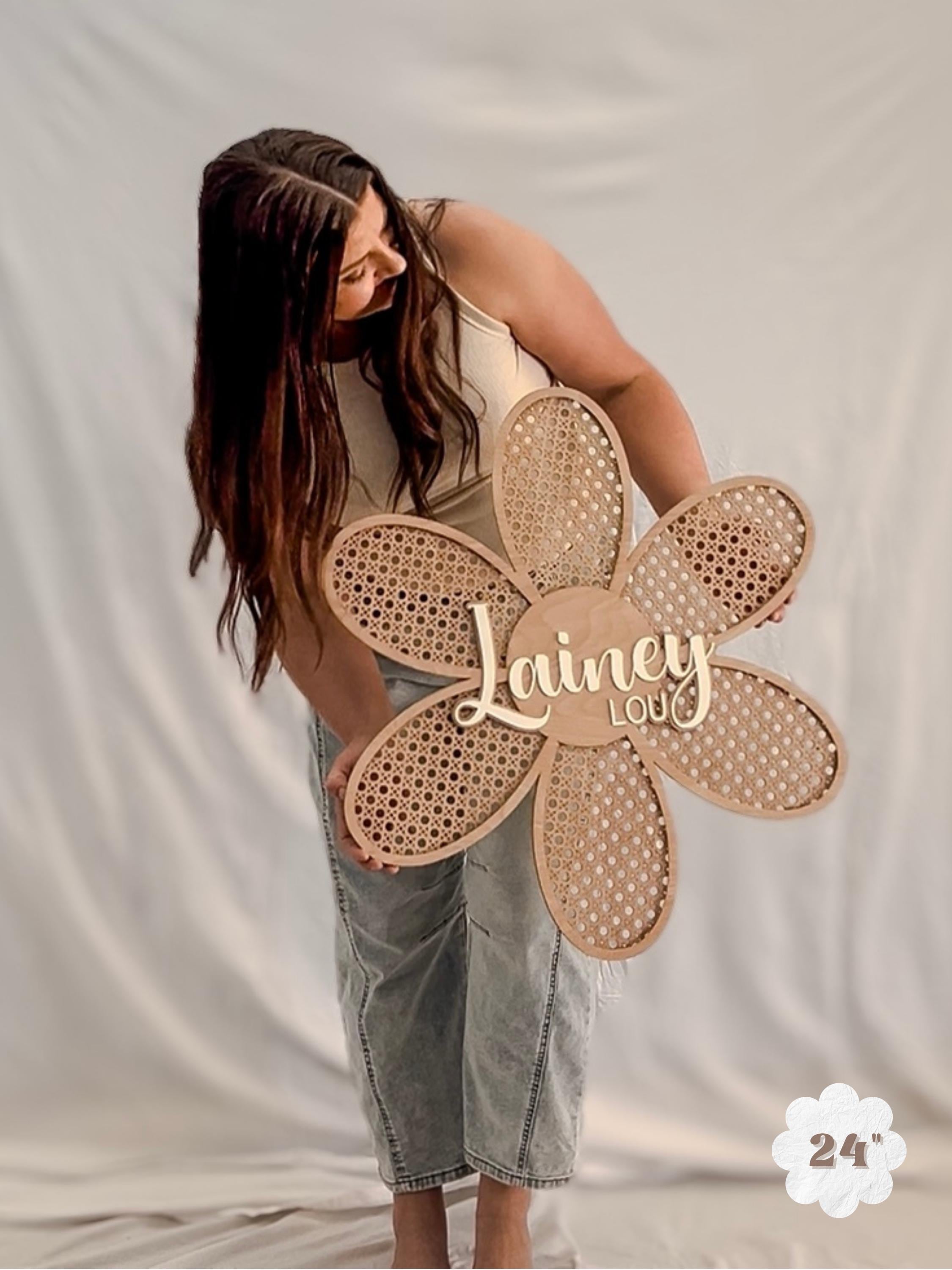 Personalized Wood Rattan Daisy Name Sign, Custom Wood Name sign,Boho Nursery Wall Art,Floral Girl Room Name Plaque,Baby Shower gift for girl