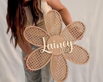 Personalized Wood Rattan Daisy Name Sign, Custom Wood Name sign,Boho Nursery Wall Art,Floral Girl Room Name Plaque,Baby Shower gift for Mom