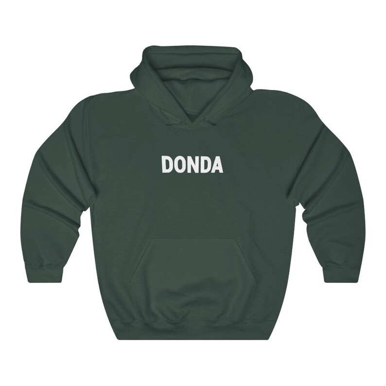 May include: A dark green hooded sweatshirt with the word "DONDA" printed in white on the front.