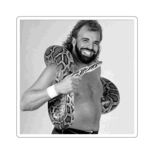 May include: Black and white sticker featuring a smiling person with a snake wrapped around their neck and arm. The snake has a brown and tan pattern. The person is wearing a white wristband.