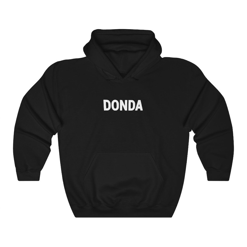 May include: Black hooded sweatshirt with the word "DONDA" printed in white on the front.