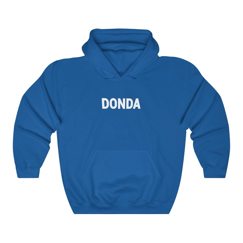 May include: A royal blue hooded sweatshirt with the word "DONDA" printed in white on the front.