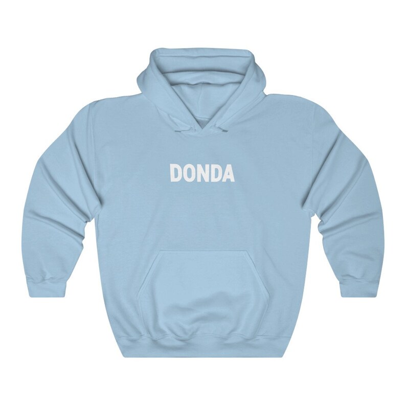 May include: A light blue hoodie with a white "DONDA" logo printed on the front.