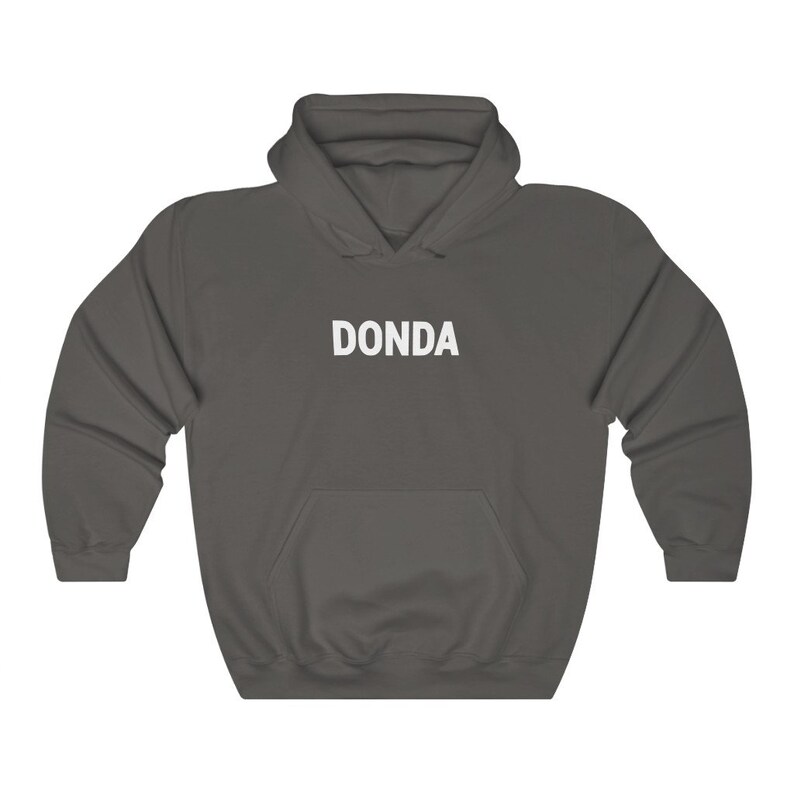 May include: A dark gray hooded sweatshirt with the word "DONDA" printed in white on the front.