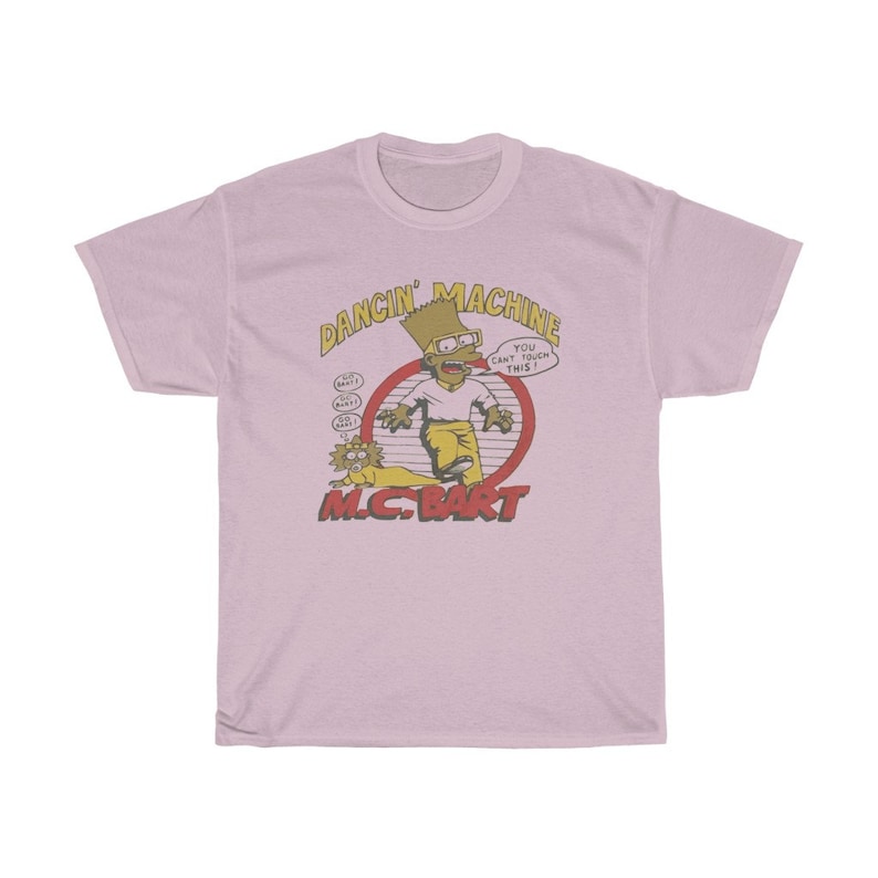 May include: A pink t-shirt featuring a cartoon image of Bart Simpson as a rapper. The image is in a circle with the text "Dancin' Machine" above and "M.C. Bart" below. The text inside the circle says "You can't touch this!"