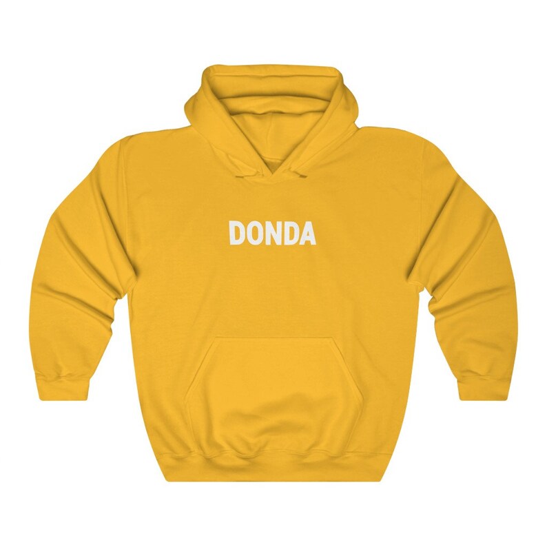 May include: A yellow hoodie with a white "DONDA" logo printed on the front.