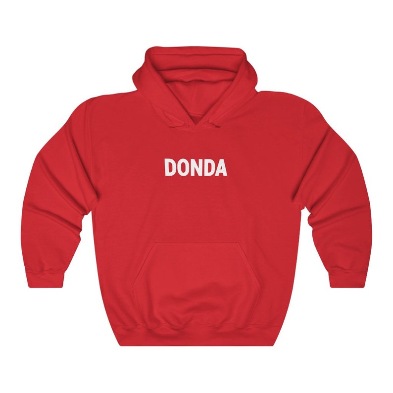 May include: Red hooded sweatshirt with the word "DONDA" printed in white on the front.