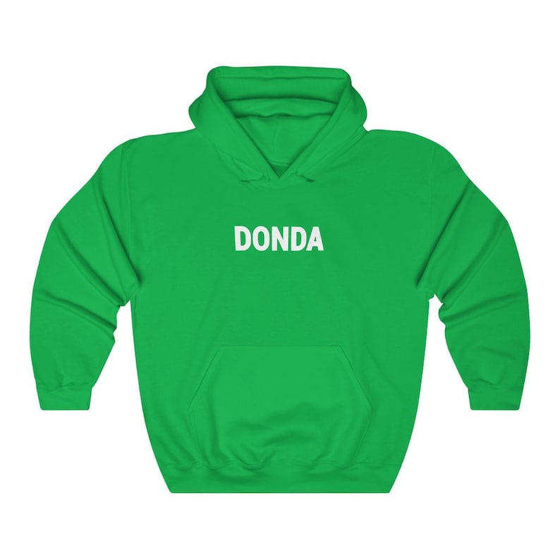 May include: A green hooded sweatshirt with the word "DONDA" printed in white on the front.