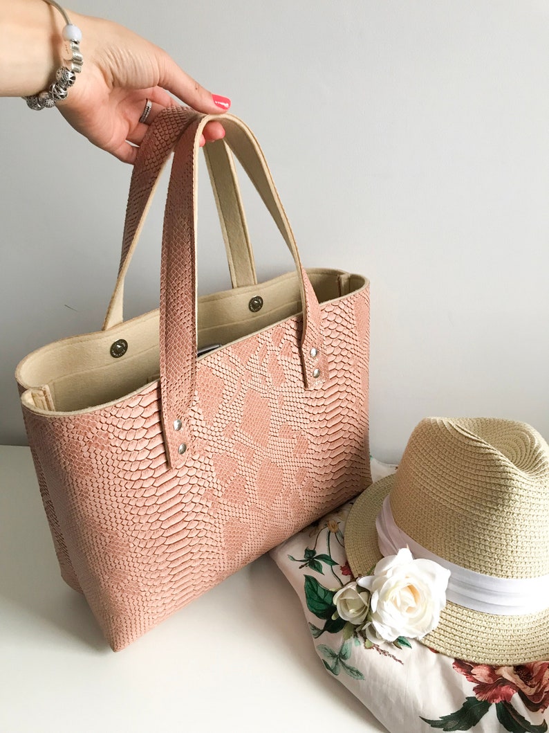 Pink leather tote Pastel pink tote bag Felt and synthetic | Etsy