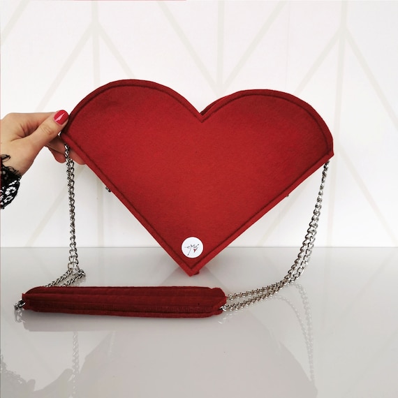 Chic Red Heart Purse Shoulder Bag With Chain Handmade Felt 