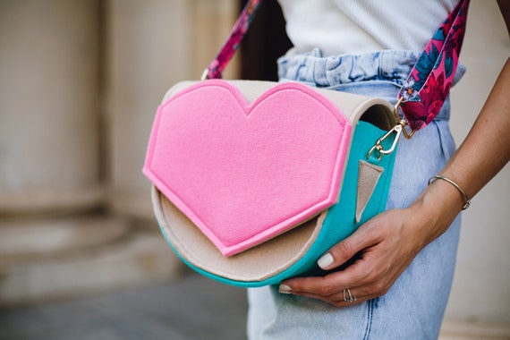 Pink Heart Shoulder Bag With Floral Printed Fabric Strap. Pink Handmade Purse  Handbag, Colorblock Felt Purses - Etsy