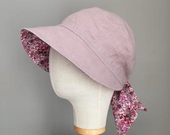PETRONILLE old pink linen reversible floral pattern capeline