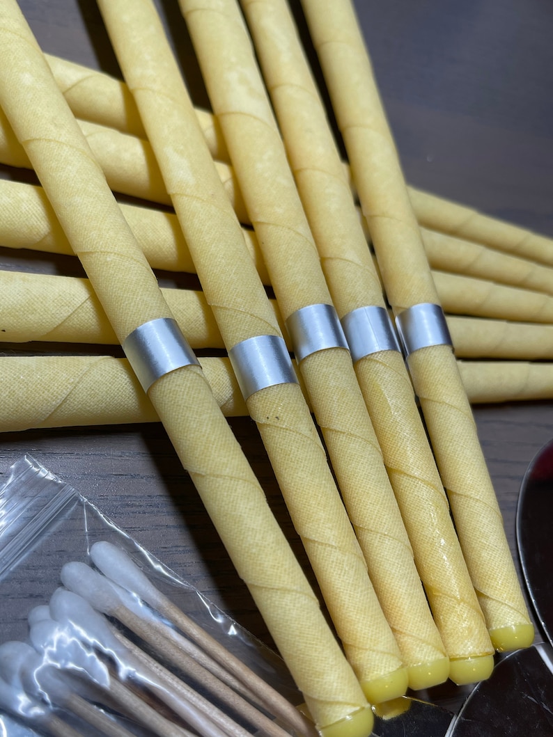 10, 20, 50, 100 pcs EarWax Candle Clean Ear-wax Hollow Blend Cones Natural Beeswax includes Q-Tips, and Disk imagem 3