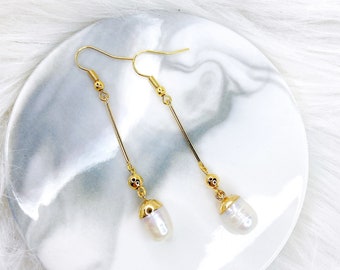 Boucles d’oreilles en perles d’eau douce, longues perles d’eau douce Boucles d’oreilles Dangle, perles d’eau douce chirurgicales longues boucles d’oreilles