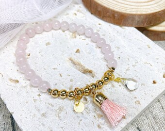 Rose Quartz Tassel Bracelet, Handmade Pink Rose Quartz Beaded Bracelet, White Crystal Quartz Bracelet