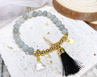 Labradorite Tassel Bracelet, Handmade Grey Labradorite Beaded Bracelet, White Crystal Quartz Bracelet