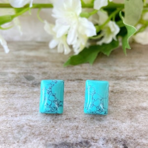 May include: A pair of turquoise blue rectangular stud earrings with a marbled pattern.